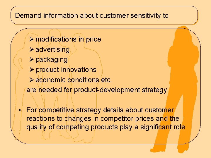 Demand information about customer sensitivity to Ø modifications in price Ø advertising Ø packaging