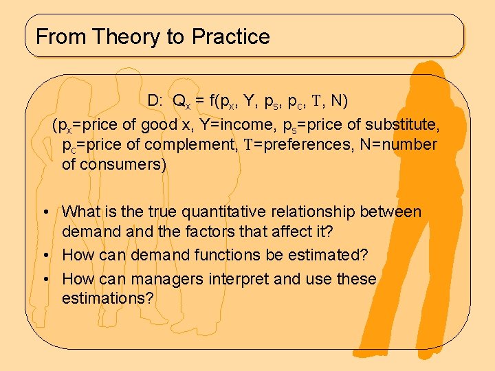 From Theory to Practice D: Qx = f(px, Y, ps, pc, , N) (px=price