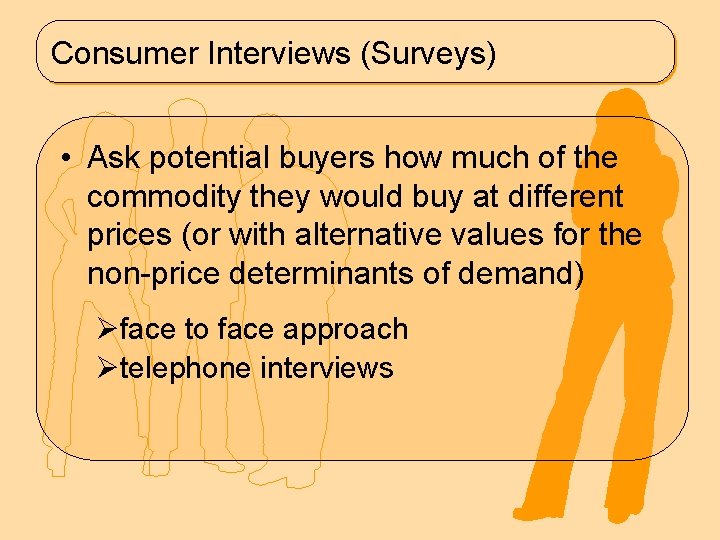 Consumer Interviews (Surveys) • Ask potential buyers how much of the commodity they would