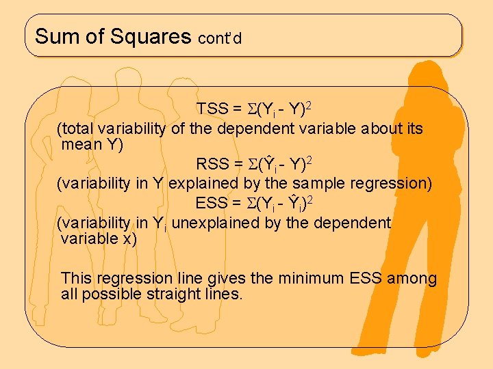 Sum of Squares cont’d TSS = (Yi - Y)2 (total variability of the dependent