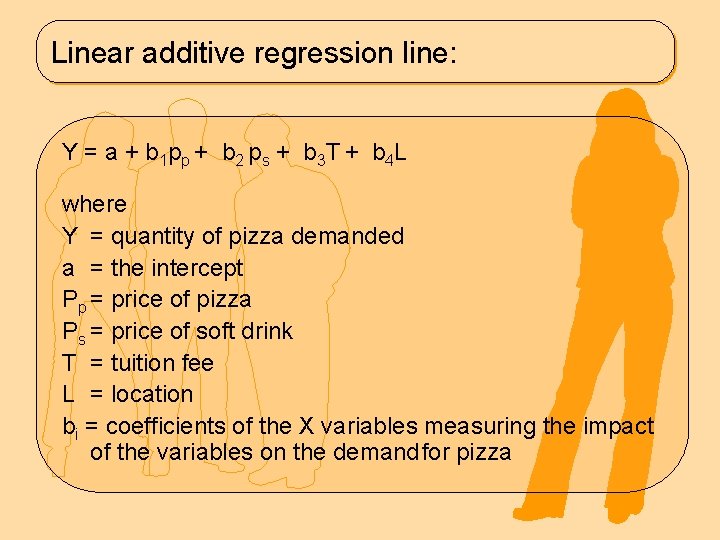 Linear additive regression line: Y = a + b 1 p p + b