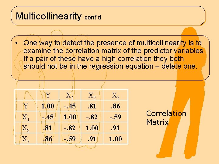 Multicollinearity cont’d • One way to detect the presence of multicollinearity is to examine