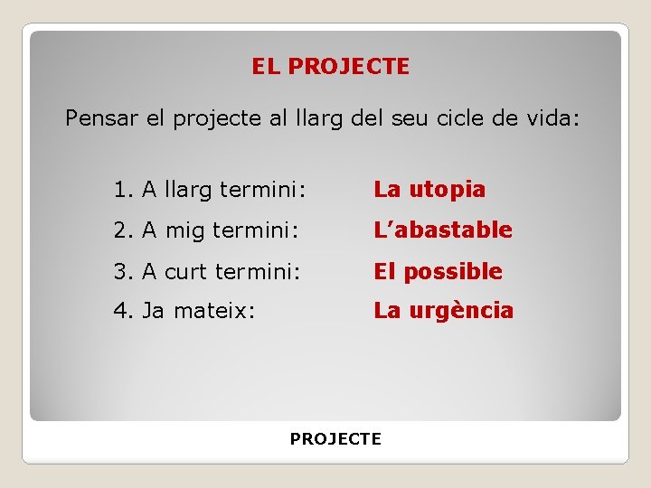EL PROJECTE Pensar el projecte al llarg del seu cicle de vida: 1. A