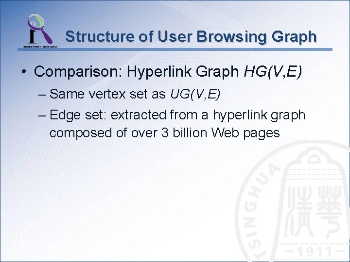 Structure of User Browsing Graph • Comparison: Hyperlink Graph HG(V, E) – Same vertex