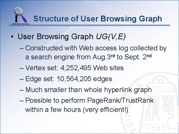 Structure of User Browsing Graph • User Browsing Graph UG(V, E) – Constructed with