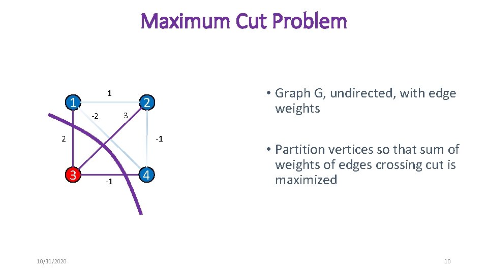 Maximum Cut Problem 1 1 3 -2 2 2 -1 3 10/31/2020 • Graph