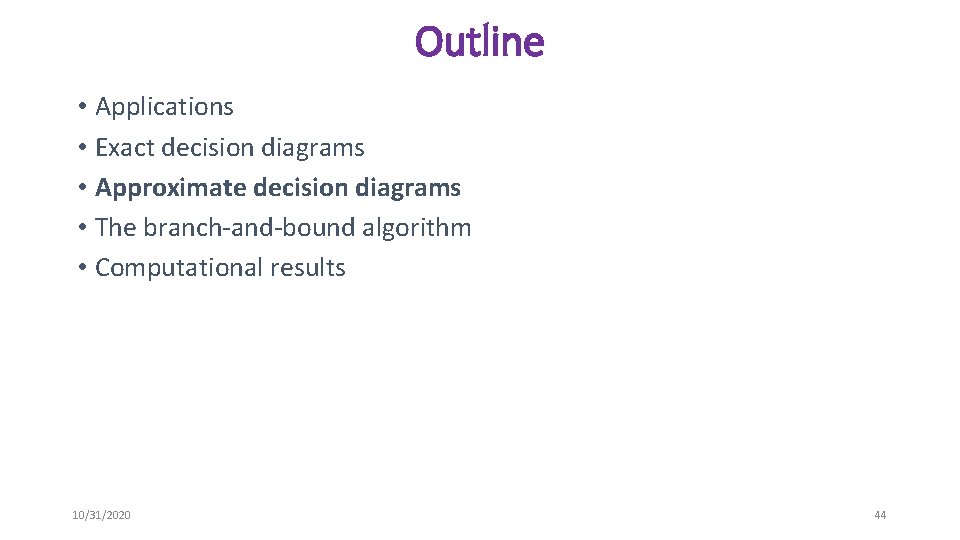 Outline • Applications • Exact decision diagrams • Approximate decision diagrams • The branch-and-bound