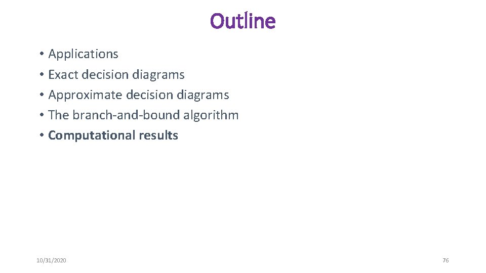 Outline • Applications • Exact decision diagrams • Approximate decision diagrams • The branch-and-bound
