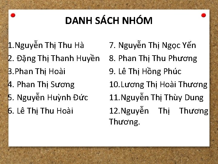 DANH SÁCH NHÓM 1. Nguyễn Thị Thu Hà 2. Đặng Thị Thanh Huyền 3.