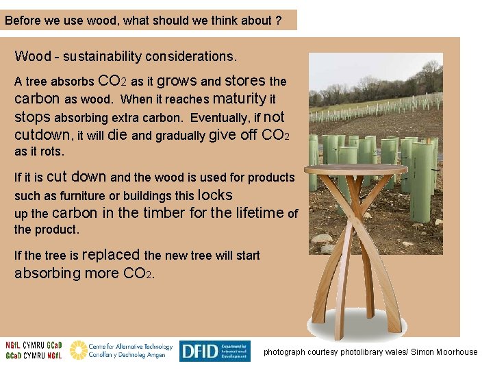 Before we use wood, what should we think about ? Wood - sustainability considerations.