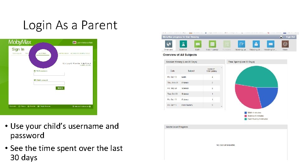 Login As a Parent • Use your child’s username and password • See the