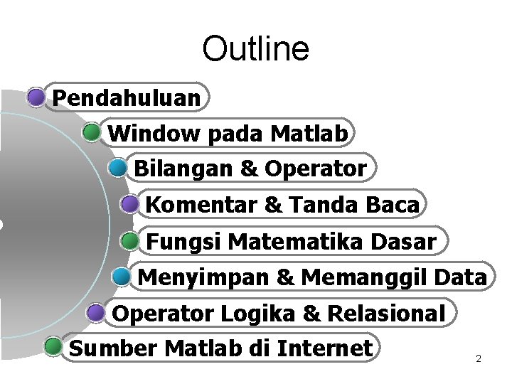 Outline Pendahuluan Window pada Matlab Bilangan & Operator Komentar & Tanda Baca Fungsi Matematika