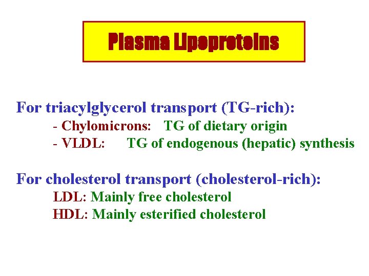 Plasma Lipoproteins For triacylglycerol transport (TG-rich): - Chylomicrons: TG of dietary origin - VLDL: