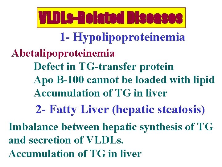 VLDLs-Related Diseases 1 - Hypolipoproteinemia Abetalipoproteinemia Defect in TG-transfer protein Apo B-100 cannot be