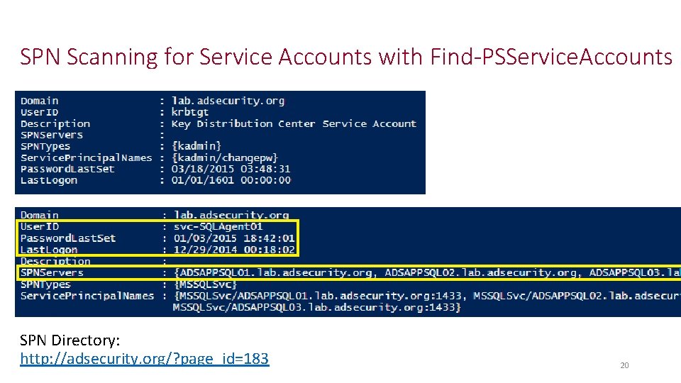 SPN Scanning for Service Accounts with Find-PSService. Accounts SPN Directory: http: //adsecurity. org/? page_id=183