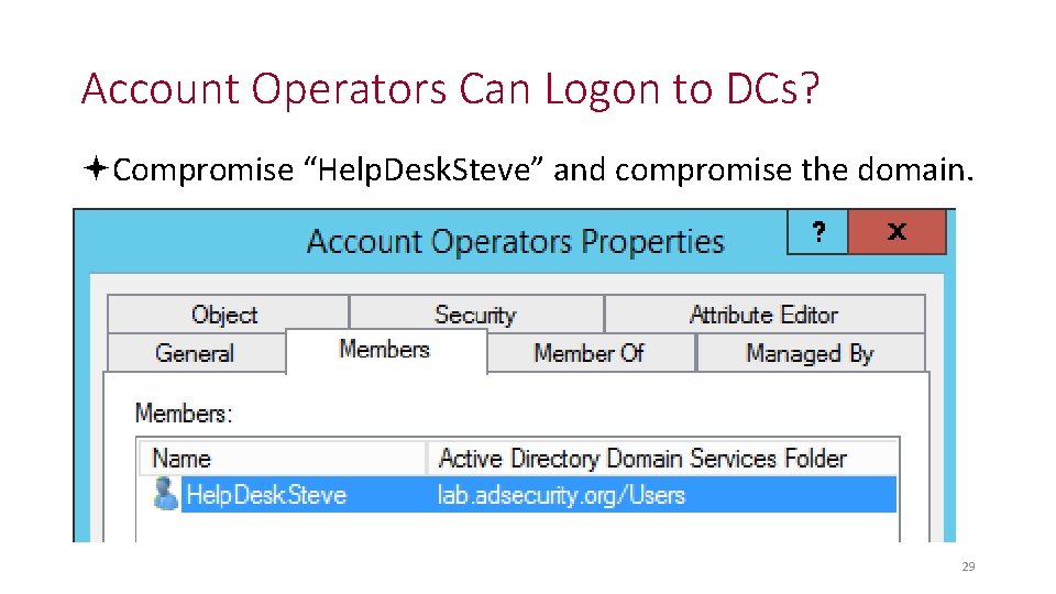 Account Operators Can Logon to DCs? Compromise “Help. Desk. Steve” and compromise the domain.