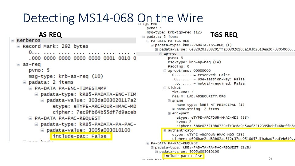 Detecting MS 14 -068 On the Wire AS-REQ TGS-REQ 69 