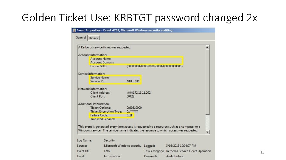 Golden Ticket Use: KRBTGT password changed 2 x 81 