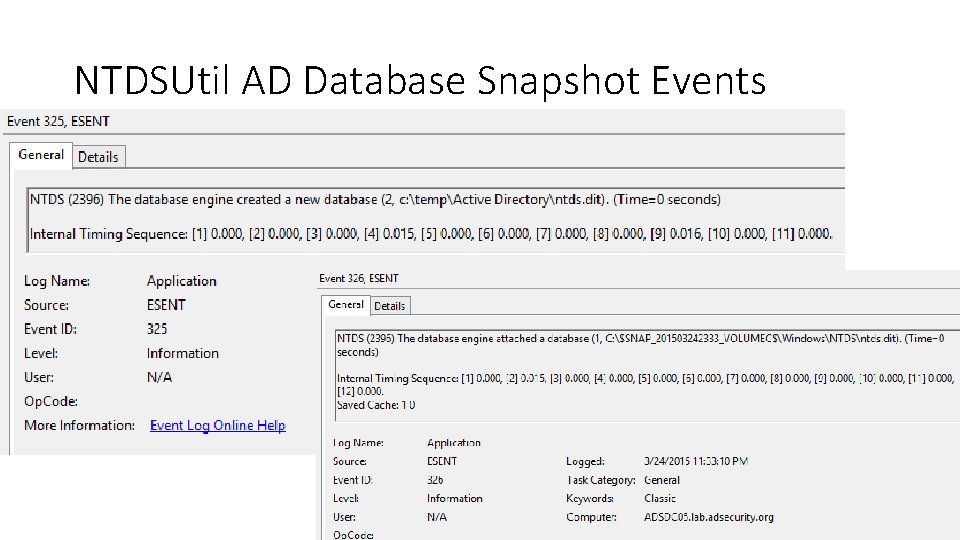 NTDSUtil AD Database Snapshot Events 87 