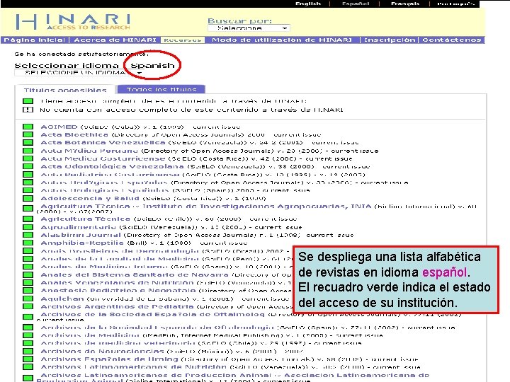 Accessing journals by Language continued Se despliega una lista alfabética de revistas en idioma