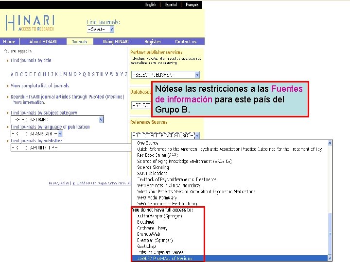 Nótese las restricciones a las Fuentes de información para este país del Grupo B.