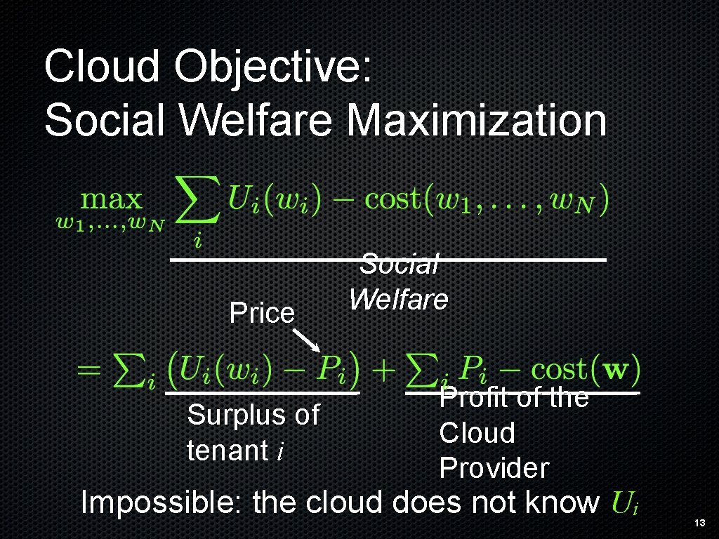 Cloud Objective: Social Welfare Maximization Price Surplus of tenant i Social Welfare Profit of