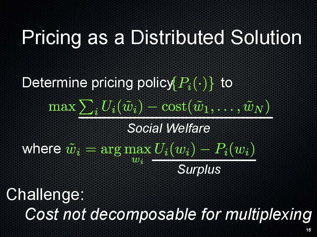 Pricing as a Distributed Solution Determine pricing policy to Social Welfare where Surplus Challenge: