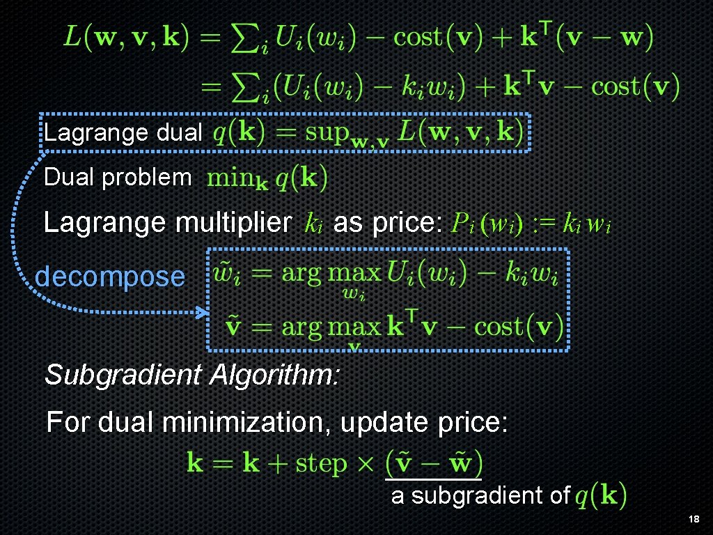 Lagrange dual Dual problem Lagrange multiplier ki as price: Pi (wi) : = ki