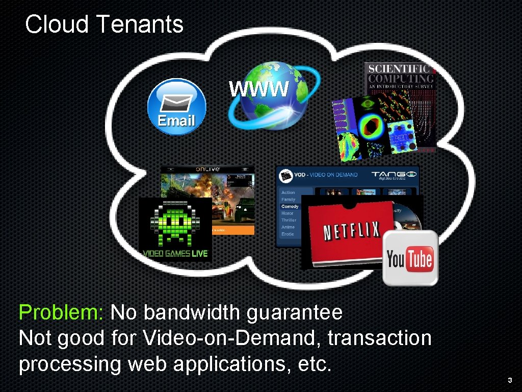 Cloud Tenants WWW Problem: No bandwidth guarantee Not good for Video-on-Demand, transaction processing web