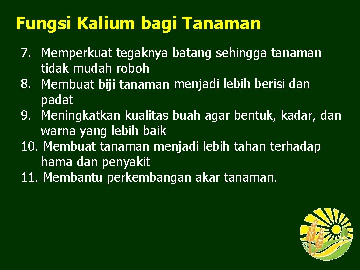 Fungsi Kalium bagi Tanaman 7. Memperkuat tegaknya batang sehingga tanaman tidak mudah roboh 8.