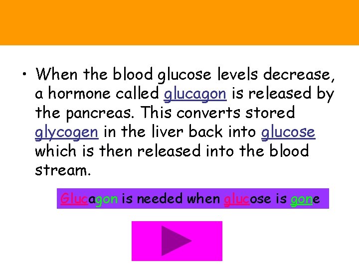  • When the blood glucose levels decrease, a hormone called glucagon is released