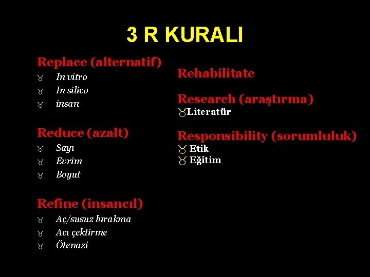 3 R KURALI Replace (alternatif) In vitro In silico insan Reduce (azalt) Sayı Evrim