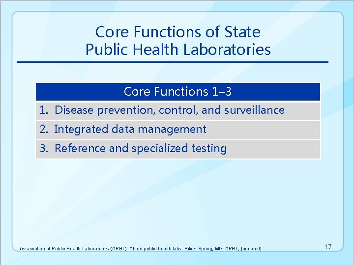 Core Functions of State Public Health Laboratories Core Functions 1– 3 1. Disease prevention,