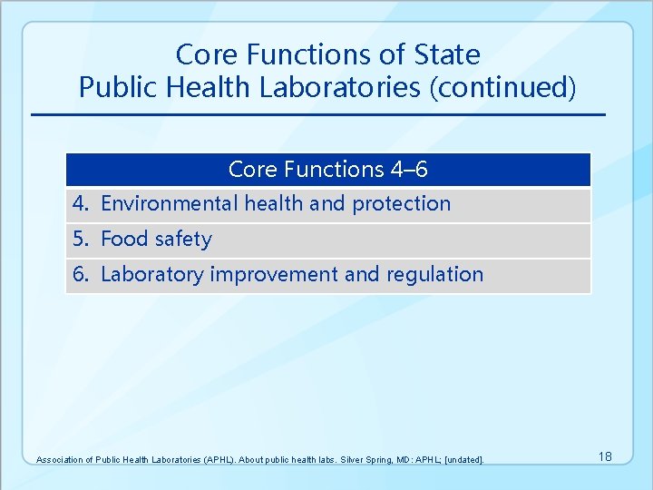 Core Functions of State Public Health Laboratories (continued) Core Functions 4– 6 4. Environmental