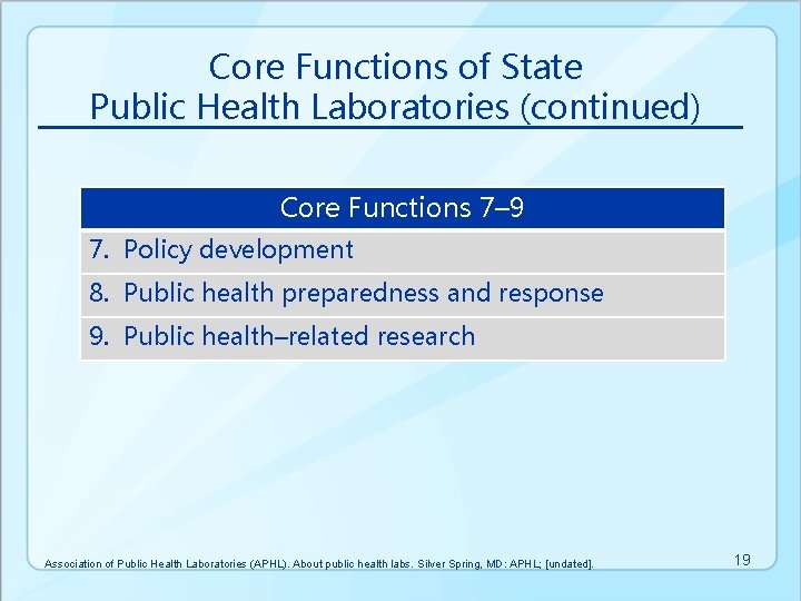 Core Functions of State Public Health Laboratories (continued) Core Functions 7– 9 7. Policy