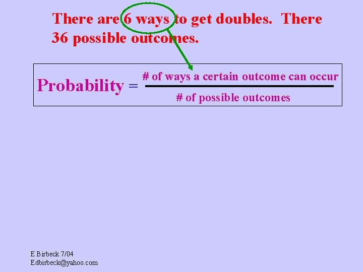 There are 6 ways to get doubles. There 36 possible outcomes. Probability = E