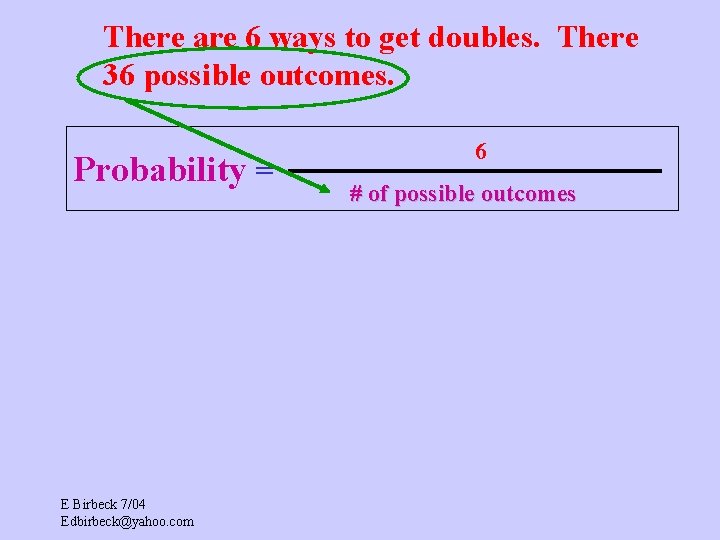 There are 6 ways to get doubles. There 36 possible outcomes. Probability = E