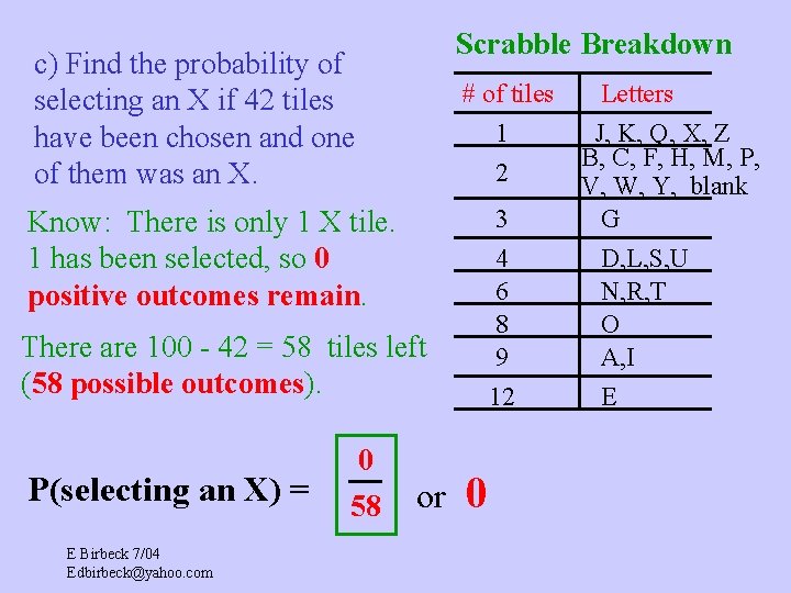 Scrabble Breakdown c) Find the probability of selecting an X if 42 tiles have