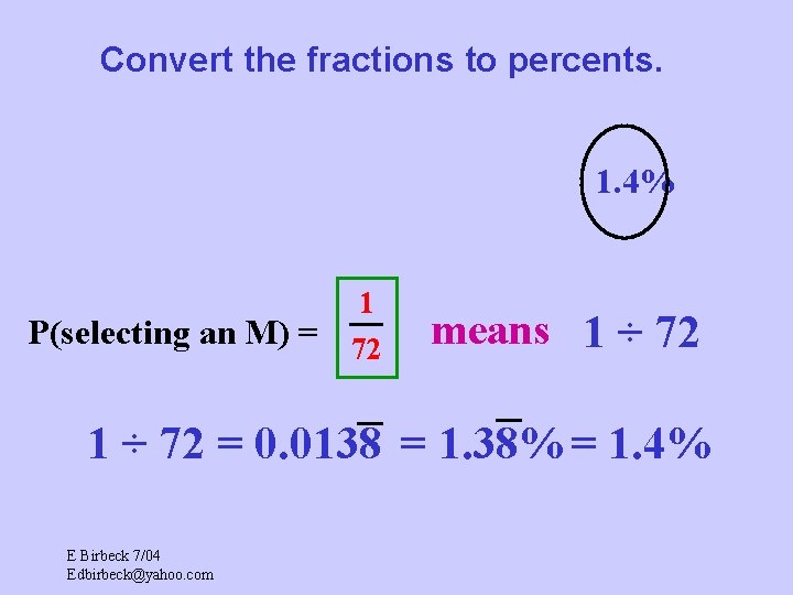 Convert the fractions to percents. 1. 4% P(selecting an M) = 1 72 means