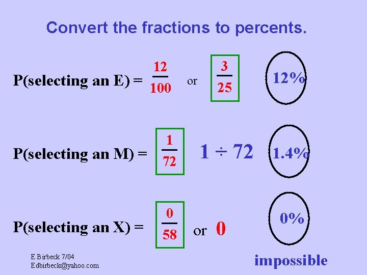 Convert the fractions to percents. 12 P(selecting an E) = 100 P(selecting an M)
