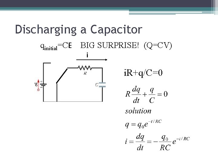 Discharging a Capacitor qinitial=CE BIG SURPRISE! (Q=CV) i i. R+q/C=0 