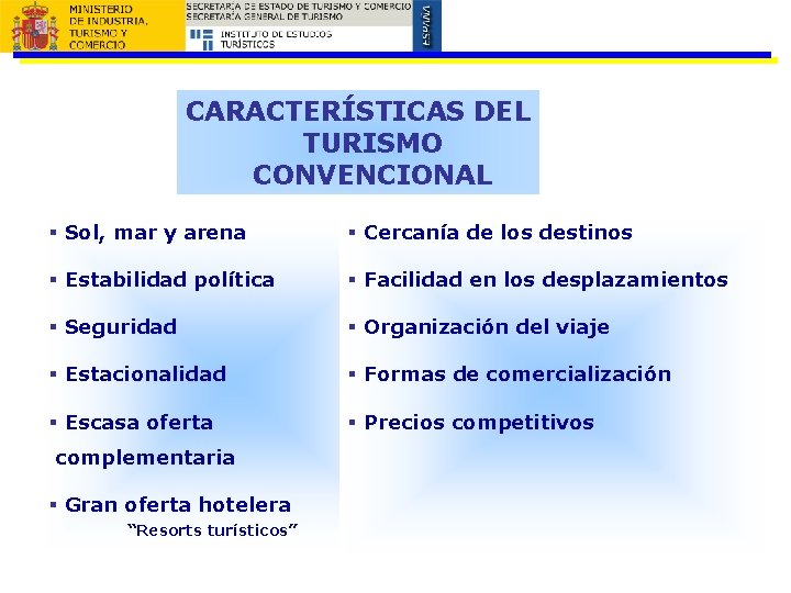 CARACTERÍSTICAS DEL TURISMO CONVENCIONAL § Sol, mar y arena § Cercanía de los destinos