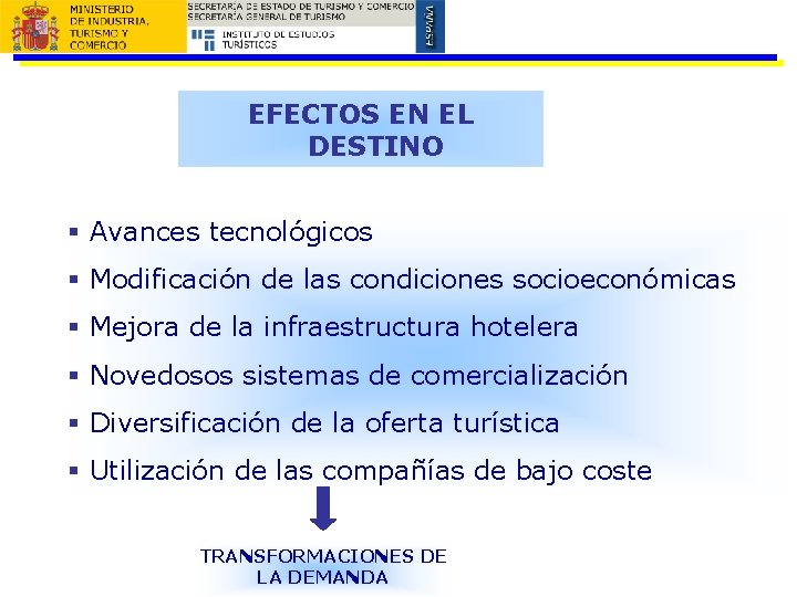 EFECTOS EN EL DESTINO § Avances tecnológicos § Modificación de las condiciones socioeconómicas §