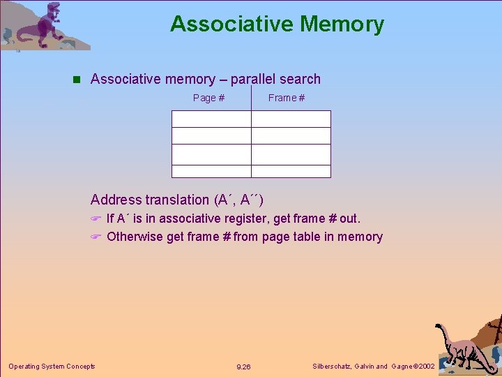 Associative Memory n Associative memory – parallel search Page # Frame # Address translation