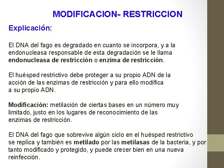 MODIFICACION- RESTRICCION Explicación: El DNA del fago es degradado en cuanto se incorpora, y