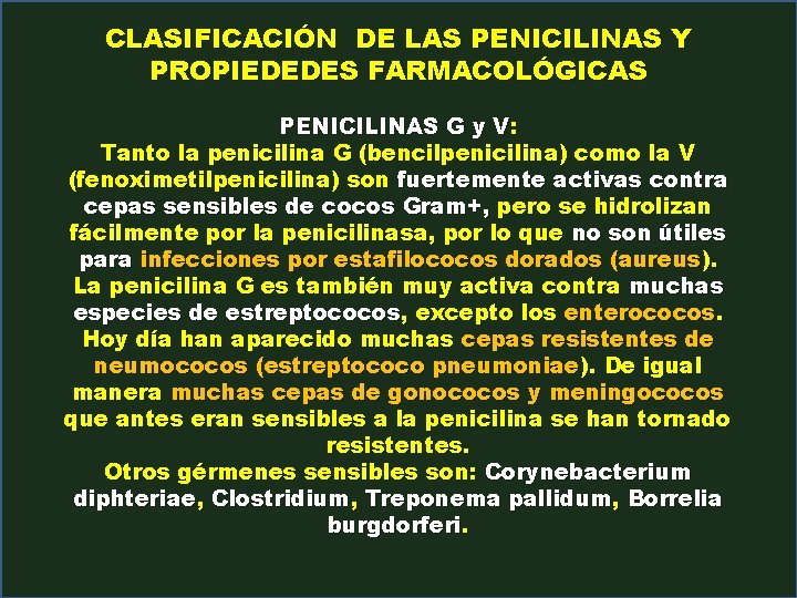 CLASIFICACIÓN DE LAS PENICILINAS Y PROPIEDEDES FARMACOLÓGICAS PENICILINAS G y V: Tanto la penicilina