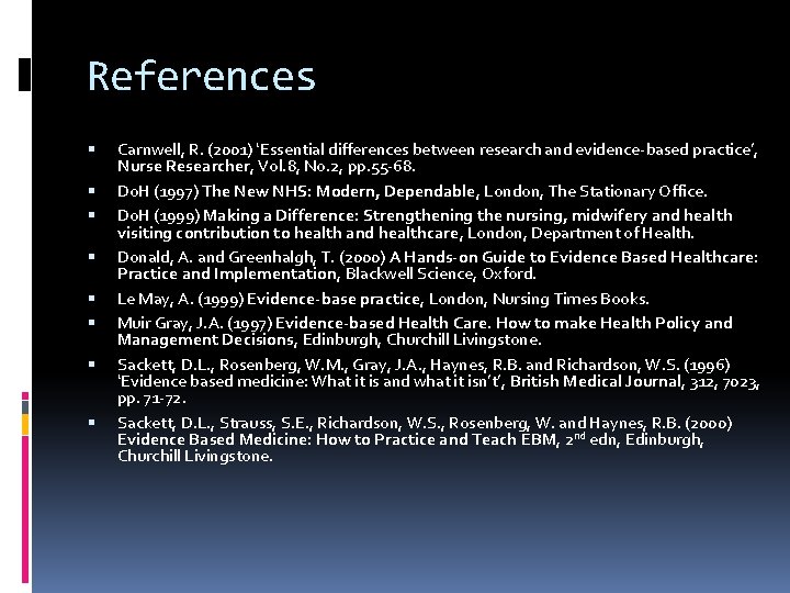 References Carnwell, R. (2001) ‘Essential differences between research and evidence-based practice’, Nurse Researcher, Vol.