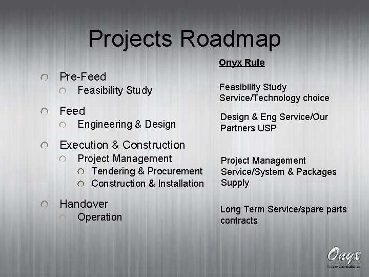 Projects Roadmap Onyx Rule Pre-Feed Feasibility Study Feed Engineering & Design Feasibility Study Service/Technology