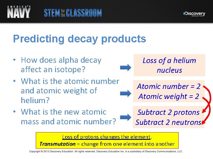 Predicting decay products • How does alpha decay affect an isotope? • What is