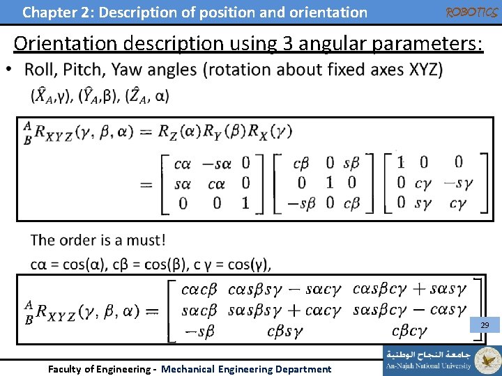 Chapter 2: Description of position and orientation ROBOTICS Orientation description using 3 angular parameters: